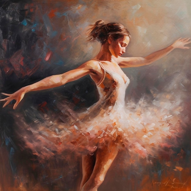 Una pintura de una bailarina con un vestido blanco y la palabra danza en él.