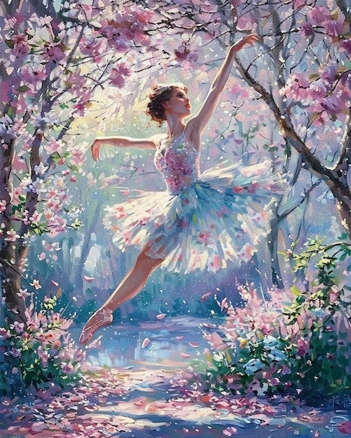 una pintura de una bailarina en un vestido rosa está saltando a través del aire generativo ai