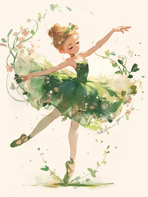 pintura de una bailarina en un vestido verde con flores generativo ai