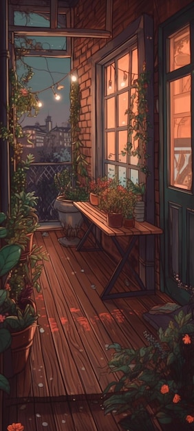 Una pintura de un balcón con una planta en él