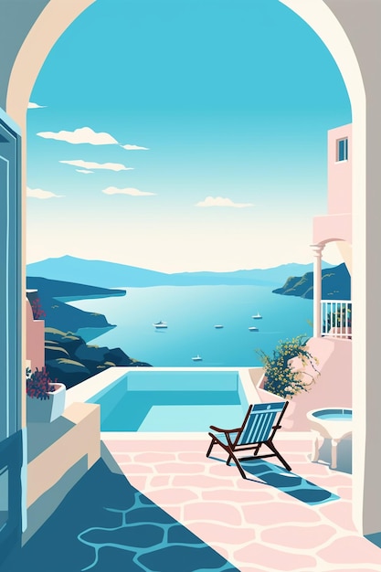 Una pintura de un balcón con vista al mar y una silla.