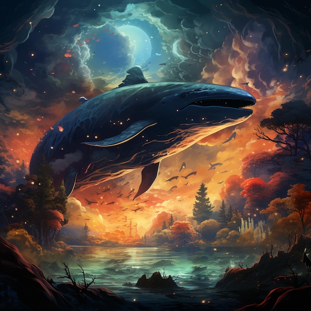 pintura de una ballena en una cueva con un lago y árboles ai generativo