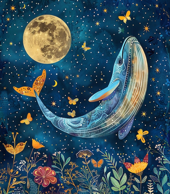 una pintura de una ballena con mariposas y la luna en el fondo