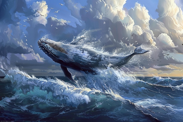 Una pintura de una ballena saltando fuera del agua