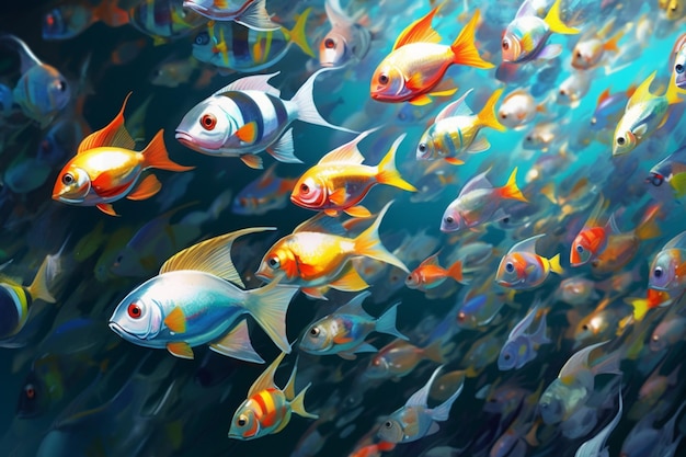 Una pintura de un banco de peces en agua azul.