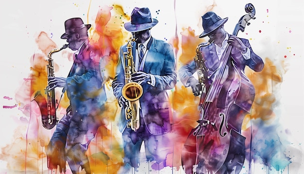 una pintura de una banda tocando un saxofón