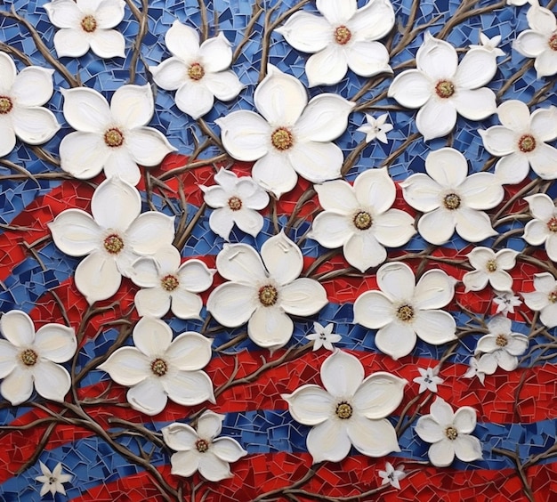 pintura de una bandera con flores blancas en ella generativa ai