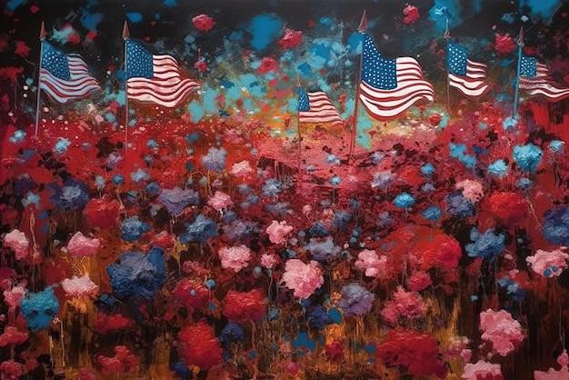 Una pintura de banderas americanas con un fondo oscuro.