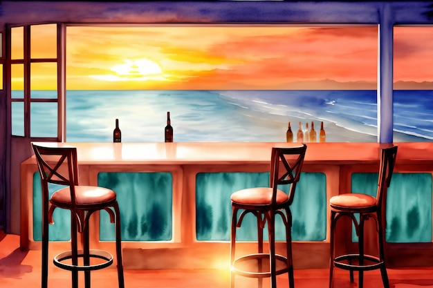 Una pintura de un bar con vista al océano