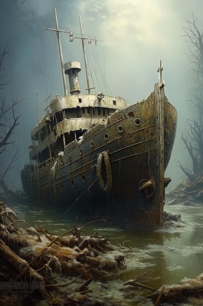 una pintura de un barco en el agua con un árbol en el fondo.