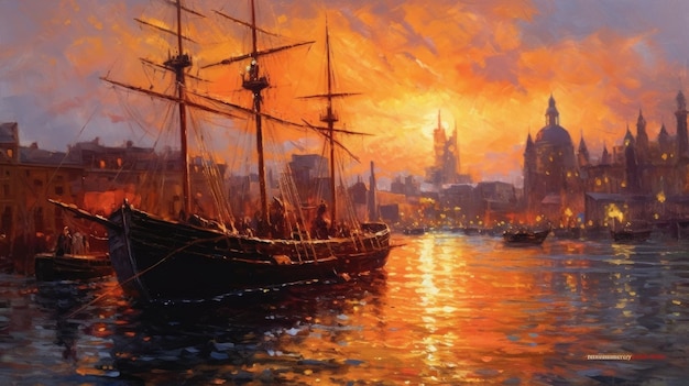 Una pintura de un barco al atardecer.