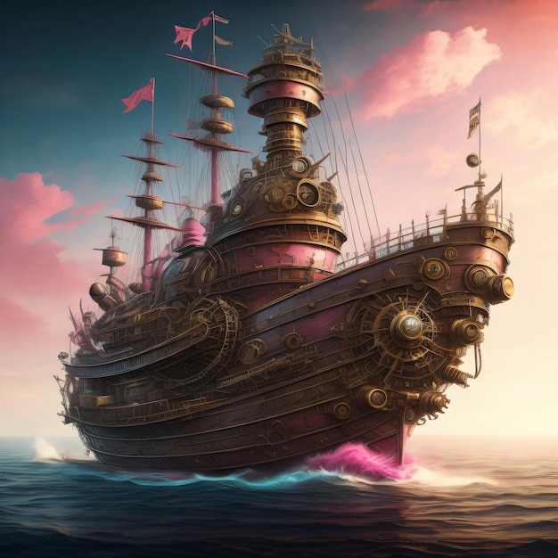 Una pintura de un barco con un avión rosa volando en el cielo.