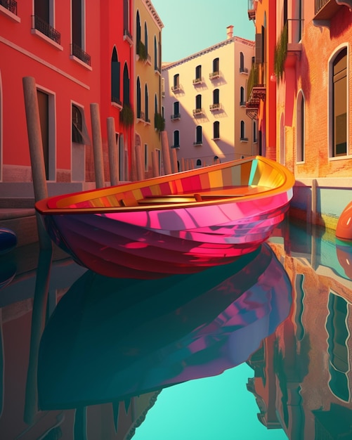 Una pintura de un barco en un canal con un fondo colorido.