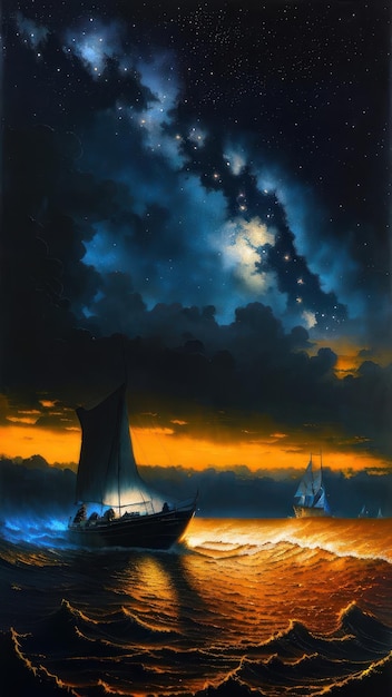 Una pintura de un barco y un cielo estrellado con las estrellas en el cielo.