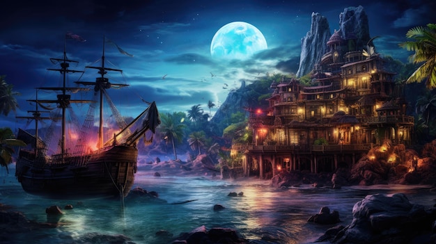 una pintura de un barco en un cielo nocturno con una luna llena en el fondo.