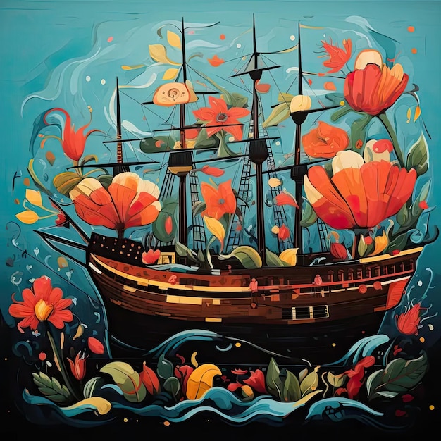 Una pintura de un barco con flores en él