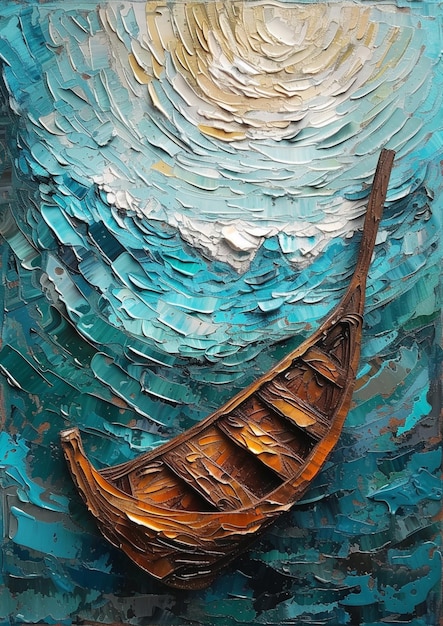 pintura de un barco flotando en una ola en un océano azul generativo ai