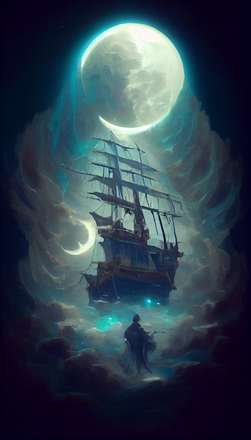 Una pintura de un barco con un hombre en él y la luna al fondo.