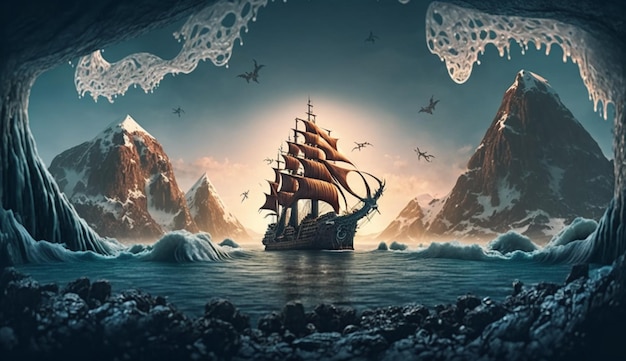 Una pintura de un barco con un kraken en la parte inferior.