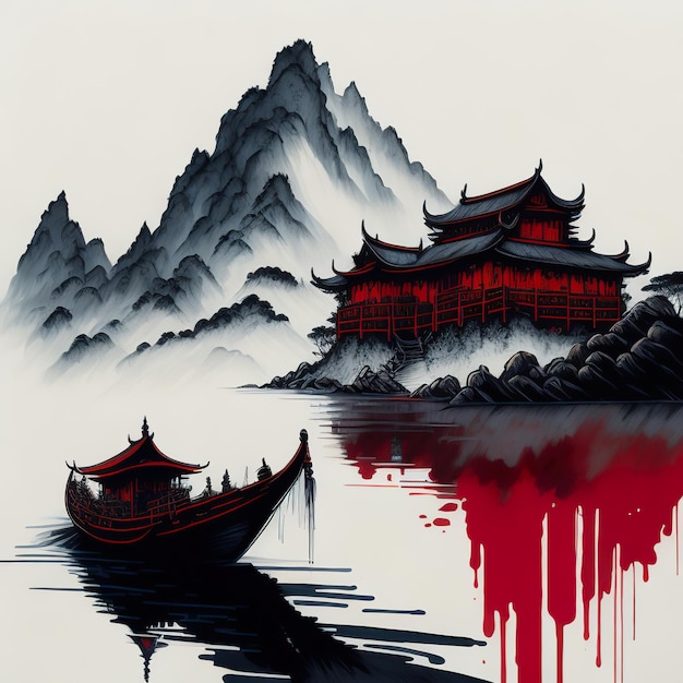 Una pintura de un barco en un lago con montañas al fondo.