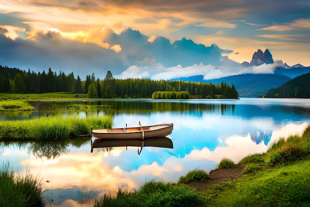 una pintura de un barco en un lago con montañas en el fondo