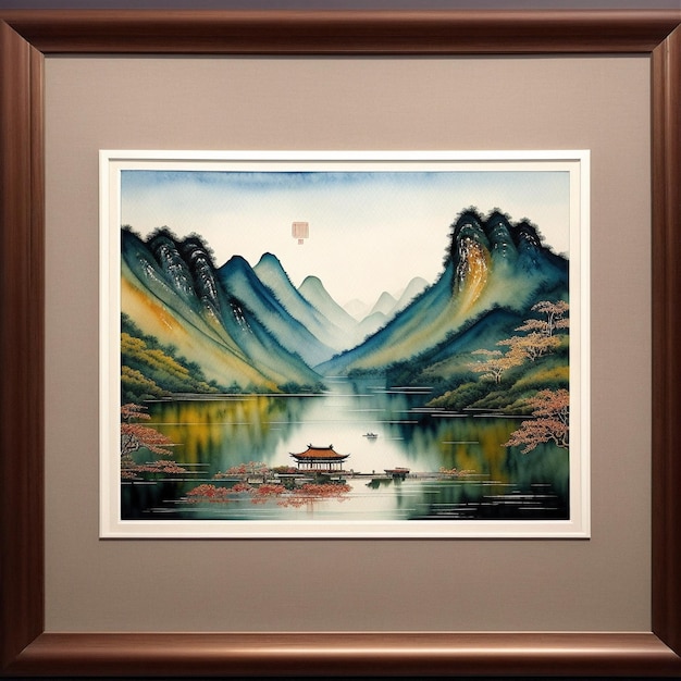 pintura de un barco en un lago con montañas en el fondo