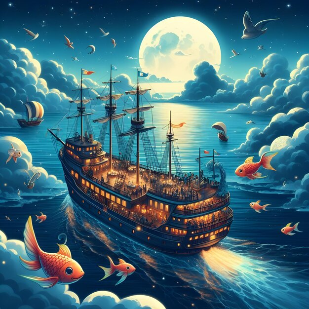 una pintura de un barco con una luna llena en el fondo