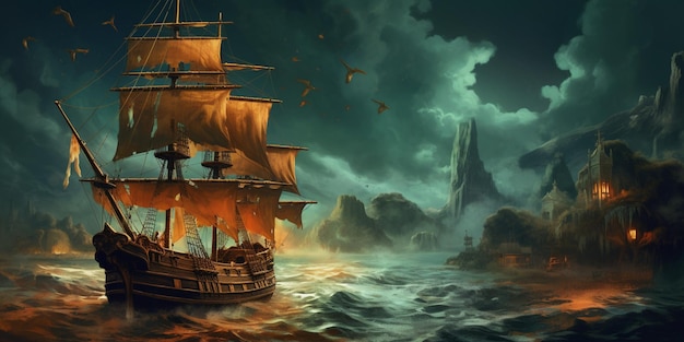 Pintura de un barco en medio de un mar tormentoso ai generativo