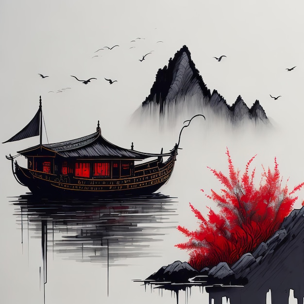 Una pintura de un barco con una montaña al fondo.