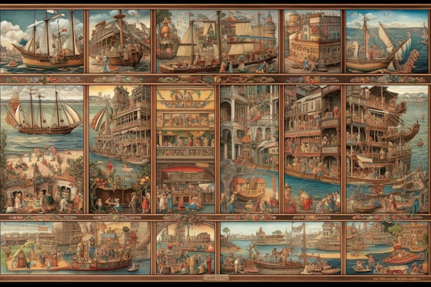 Una pintura de un barco con muchos botes en él.