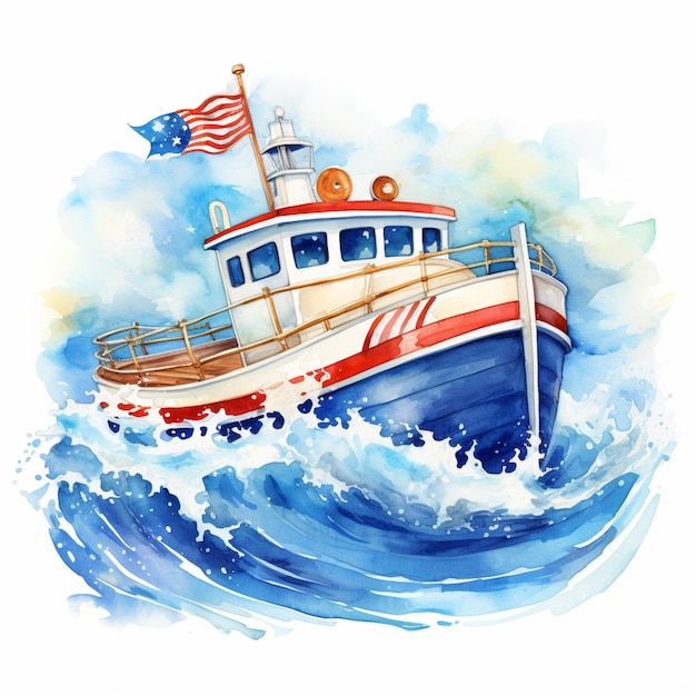 Foto pintura de un barco en el océano con una bandera en el costado ai generativo