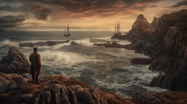 Foto una pintura de un barco en el océano con un cielo nublado de fondo.