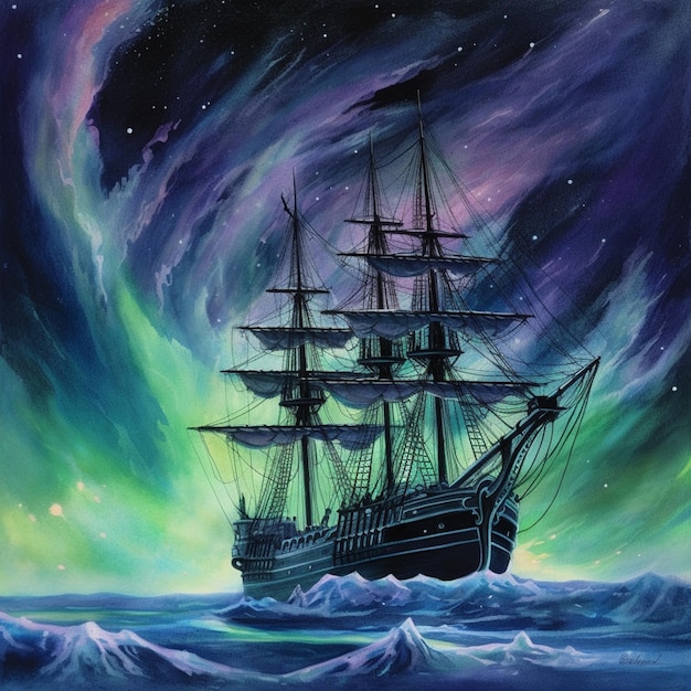 Pintura de un barco en el océano con un cielo verde brillante ai generativo