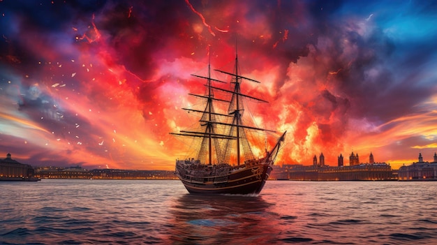 una pintura de un barco en el océano con un fondo de fuego.