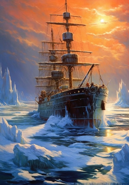 Pintura de un barco en el océano con icebergs de fondo ai generativo