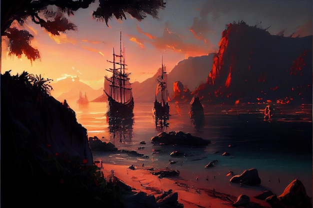 Una pintura de un barco en el océano con montañas al fondo.