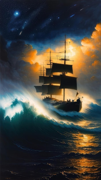 Una pintura de un barco en el océano con el sol brillando en el horizonte.