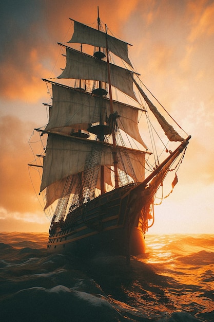 Una pintura de un barco en el océano.