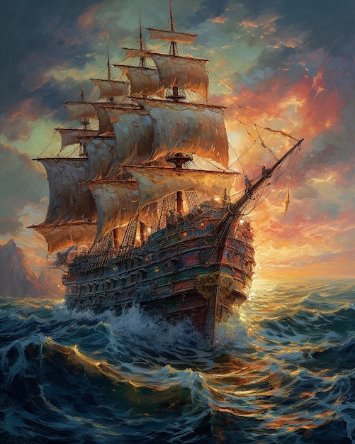 Una pintura de un barco en el océano.