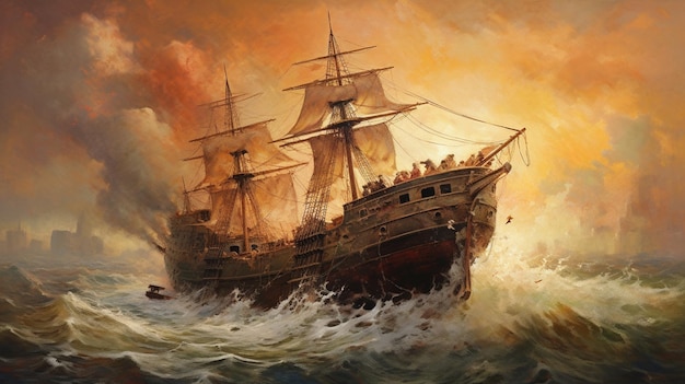 Una pintura de un barco en el océano.