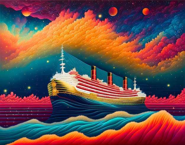 Una pintura de un barco con las palabras el barco en el costado.