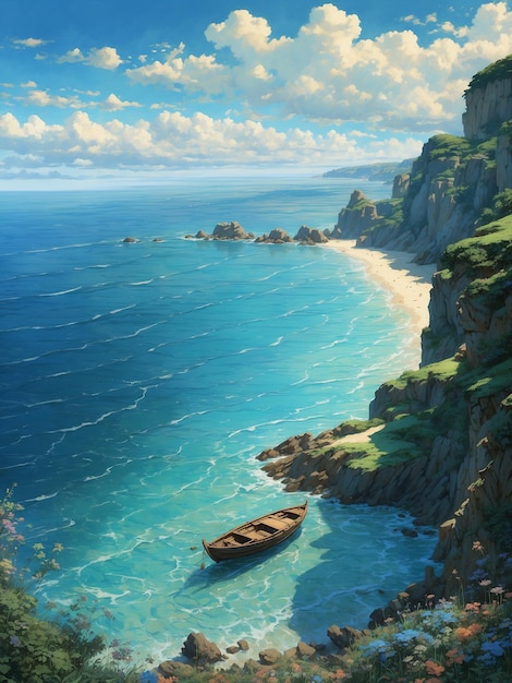 una pintura de un barco en una playa con un barco en el agua