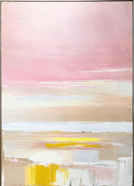 una pintura de un barco en una playa con un cielo rosa
