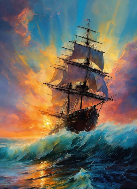 una pintura de un barco con una puesta de sol en el fondo