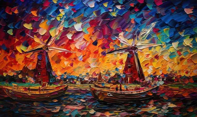 Una pintura de un barco con una puesta de sol de fondo.