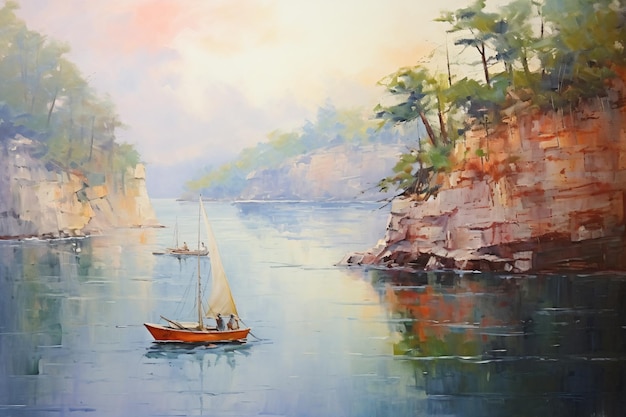 una pintura de un barco en un río