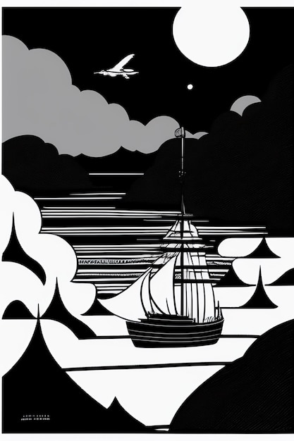 Una pintura de un barco sobre un fondo blanco y negro.