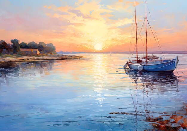 una pintura de un barco con el sol poniéndose detrás de él