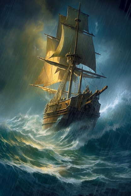 Una pintura de un barco en una tormenta.