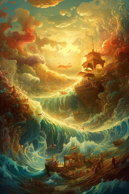 Una pintura de un barco en una tormenta.